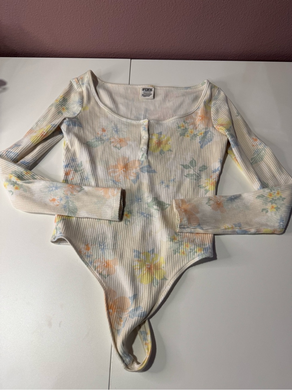 PINK Victoria's Secret Cream Ribbed Floral Long-Sleeve Bodysuit